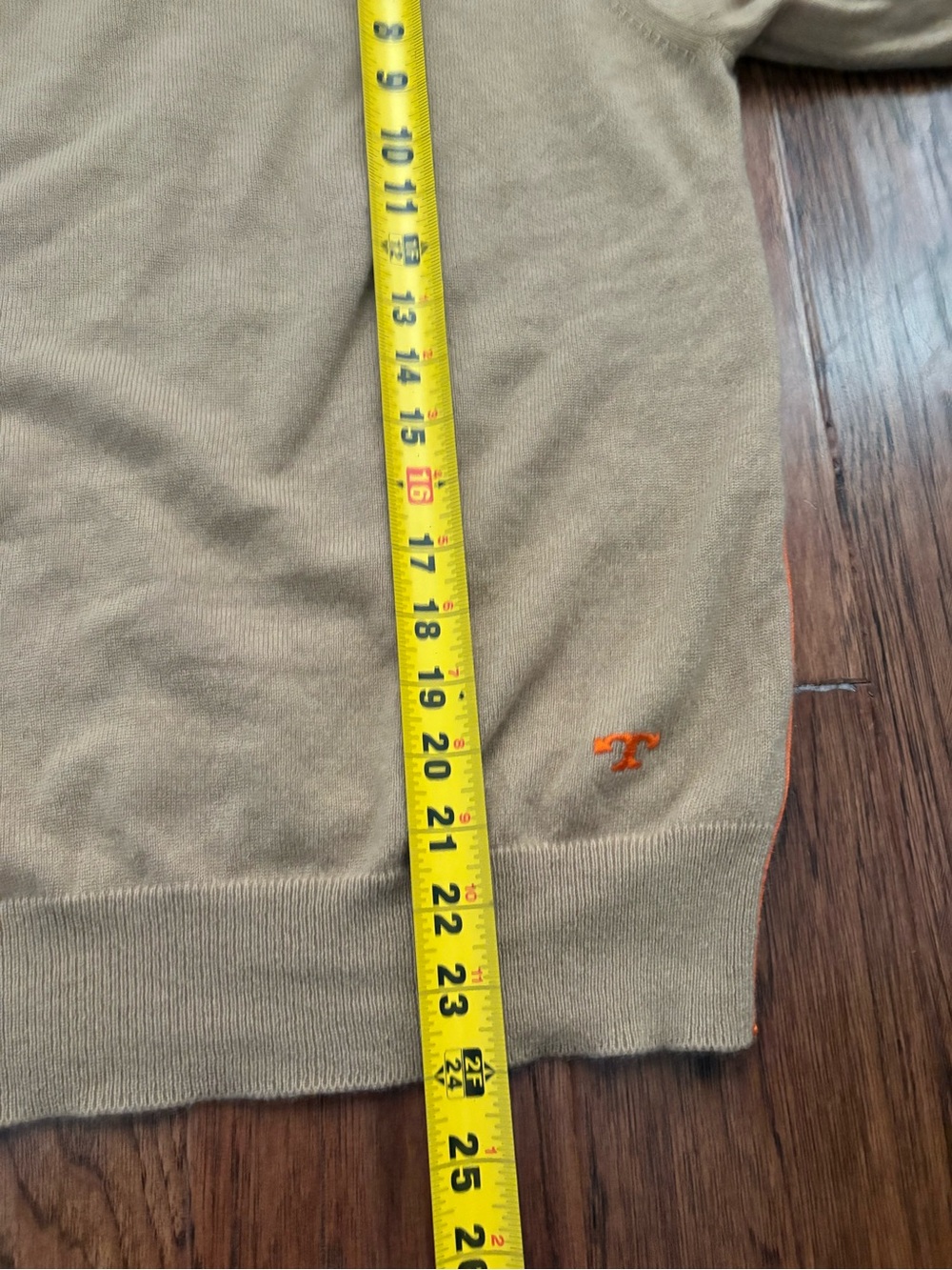 Tory Burch Cashmere Taupe Crewneck Sweater with Orange Accents Size XL - Picture 6 of 7